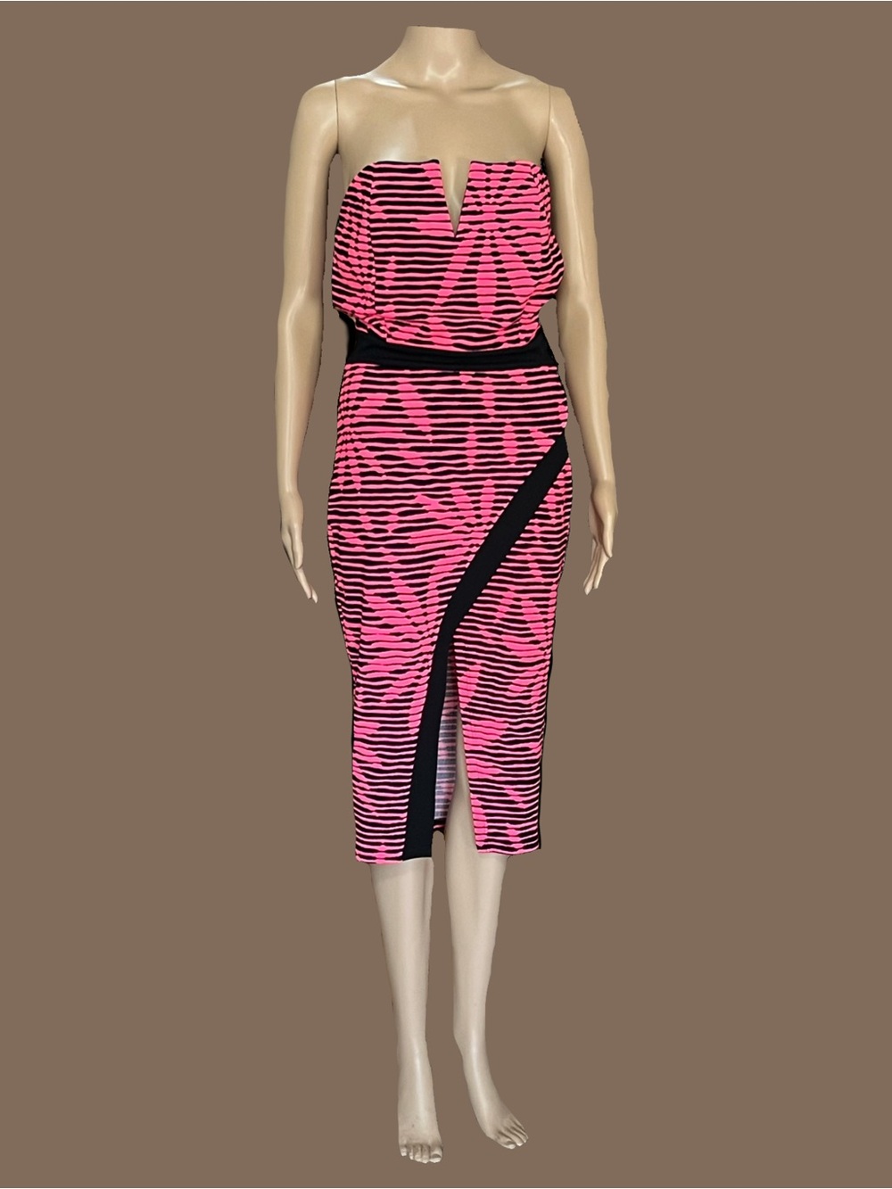 Strapless Pink and Black Midi Dress - Women